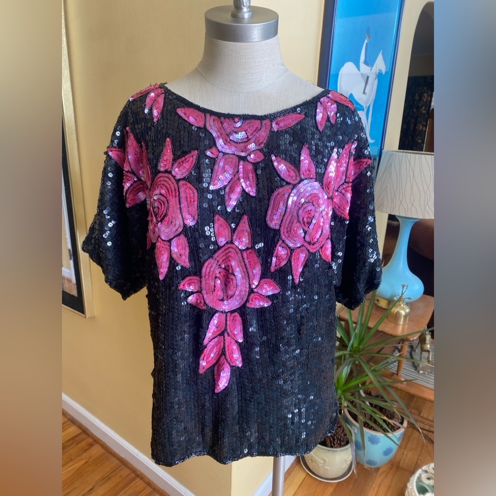 vintage silk sequin floral top